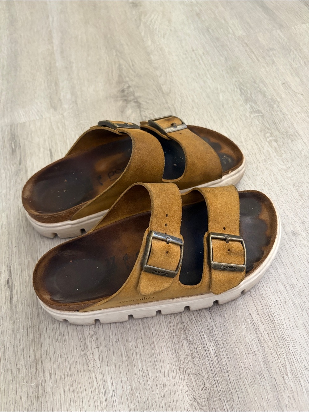 Mustard Suede Double-Buckle Platform Slide Sandals